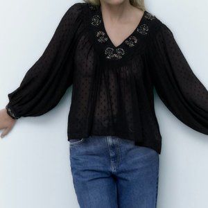 ZARA BLACK BEADED MESH BLOUSE SIZE M WITH TAG
